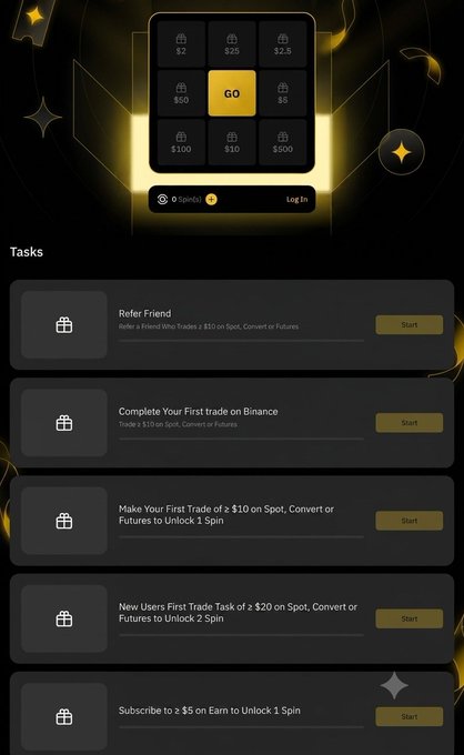 A Binance × MENA Traders Spin Event interface showing a glowing "GO" grid of reward options ($2–$500) above a list of tasks—including a refer-a-friend task, completing a first trade on Binance, a $20 first trade, a new users' $20 first trade, and a $5 subscription—each with a "Start" button to earn extra spins.