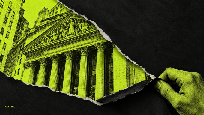 A hand "tears open" a black background to reveal the New York Stock Exchange building beneath, rendered in a green duotone style with "NEXT UP" text.