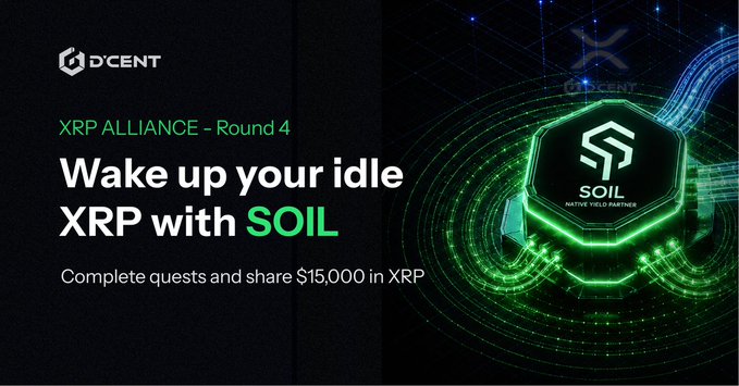 Promotional graphic for "XRP ALLIANCE - Round 4," featuring the D'CENT and SOIL logos alongside the tagline "Wake up your idle XRP with SOIL," advertising a $15,000 XRP reward pool for users who complete quests—matching the post announcing the new D'CENT yield partnership with SOIL.
