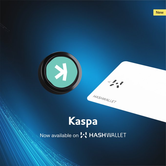 A promotional graphic with a dark blue background features a circular teal Kaspa logo alongside a white HASHWALLET card, with text announcing "Kaspa" and "Now available on HASHWALLET," matching the post's announcement that $KAS is now supported on the Hashwallet All in One.