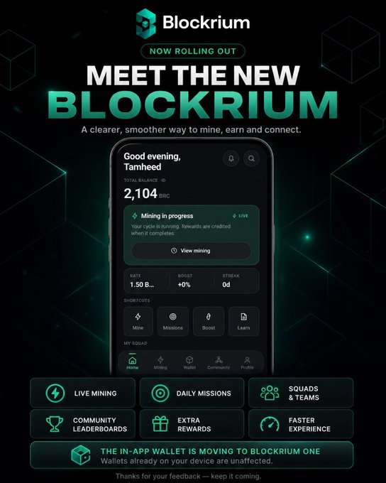 A promotional graphic titled "MEET THE NEW BLOCKRIUM" with a "NOW ROLLING OUT" badge announces the redesigned Blockrium Pro App, featuring a dark teal background and a mockup of the app interface showing a personalized dashboard greeting "Good evening, Tamhead" with a "TOTAL BALANCE" of 2,104 BRC, a "Mining in progress" status marked "LIVE," and shortcuts for Mine, Missions, Boost, and Learn, alongside bottom tabs for Home, Mining, Wallet, Community, and Profile. Below the phone preview, six feature highlights reinforce the post's message: "LIVE MINING," "DAILY MISSIONS," "SQUADS & TEAMS," "COMMUNITY LEADERBOARDS," "EXTRA REWARDS," and "FASTER EXPERIENCE," while a footer note states "THE IN-APP WALLET IS MOVING TO BLOCKRIUM ONE — Wallets already on your device are unaffected," tying together the app's refreshed
