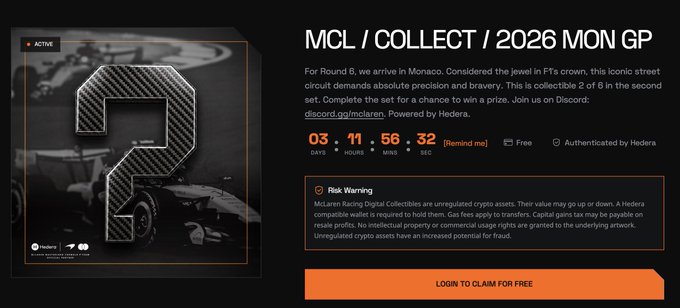 The image shows an advertisement for a new digital collectible item, specifically a digital collectible poster or album. The poster features a question mark symbolizing a "Collect" button that invites viewers to claim their own piece of racing history by clicking on it. The text in the image suggests that this collectible is available for download within three days and requires a HashPack wallet for purchase.