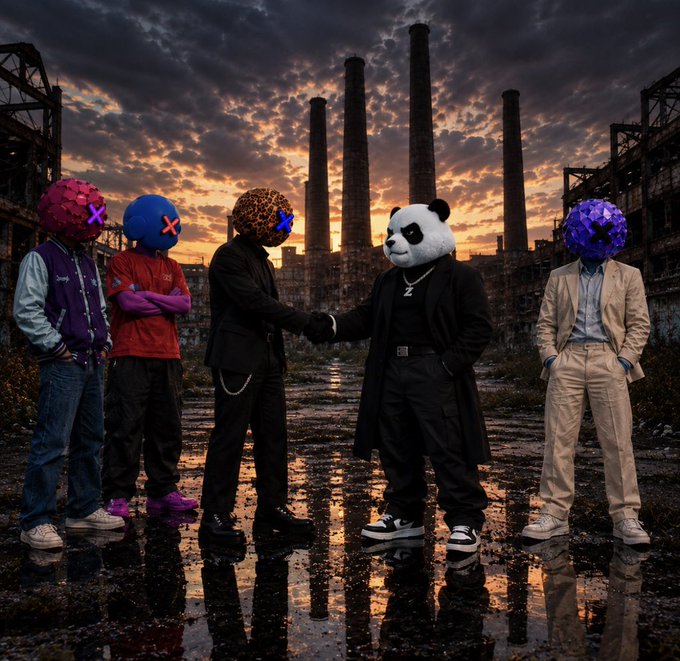 Five figures in suits wearing various decorative masks (a red spiky mask, blue helmet, leopard mask, panda head, and purple disco ball head) stand in an industrial landscape at sunset, with two shaking hands.