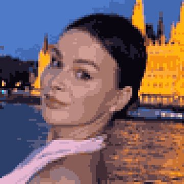 A pixel art portrait of a woman with dark hair pulled back, posing against a blue night sky with a golden illuminated building in the background.