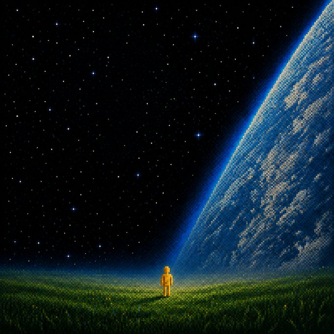 A small orange astronaut stands alone on a grassy field beneath a vast starry sky, gazing up at the massive curved horizon of a blue Earth rising beside them.

The image evokes the "GM Mark a new coordinate" theme by depicting a lone explorer at the edge of an unknown world, symbolizing the discovery of a fresh frontier.