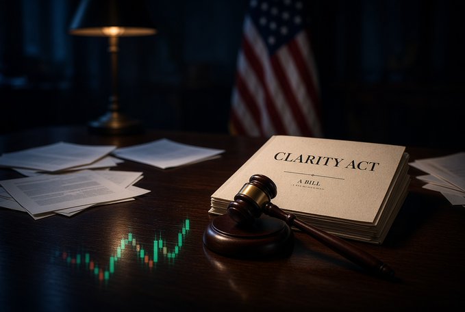 A dimly lit desk features a document titled "CLARITY ACT" alongside a wooden gavel, with a stock chart projected onto the surface and an American flag in the background, symbolizing the bill's recent legislative defeat in the Senate. Scattered papers and the formal legal setting visually reinforce the post's account of the failed cloture vote that collapsed the market structure legislation.