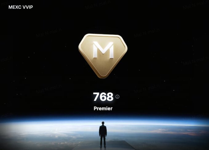A digital graphic displays a gold diamond-shaped 'M' badge for 'MEXC VVIP' with the number '768' and 'Premier' status below, set against a starry sky background with a silhouetted figure overlooking Earth.