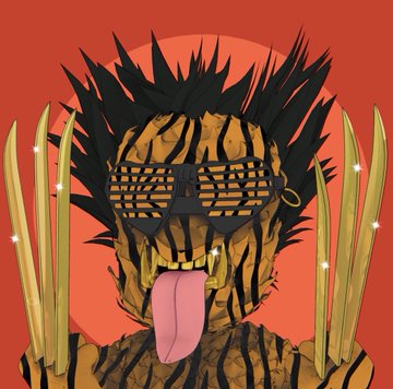 A stylized digital artwork of a yellow and black striped creature wearing shutter shades and a gold hoop earring, with its tongue sticking out, set against a red background.