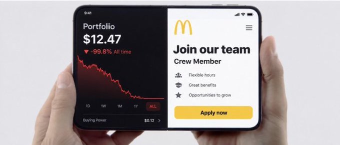 A satirical image showing hands holding a phone split between a portfolio showing -99.8% losses (displaying $12.47) and a McDonald's 'Join our team - Crew Member' job application screen.