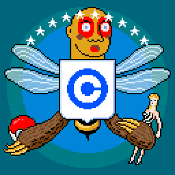 A pixel-art style emblem featuring a winged figure with a soccer ball shield, flanked by eagles, set against a teal background with stars.