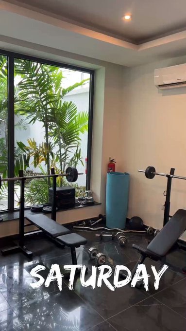 A home gym setup with a weight bench, dumbbells, a blue yoga mat, and a view of green palms through a large window, overlaid with the word "SATURDAY."