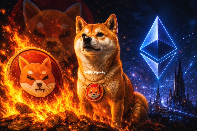A Shiba Inu dog sits amid flames and gold coins beside a glowing Ethereum logo, with a stylized SHIB coin to the left — visually matching the post's themes of $SHIB token burns, $ETH's role fueling the fire, and the community's push for scarcity-driven growth. Text on the dog's chest reads "SHIB Mortal."