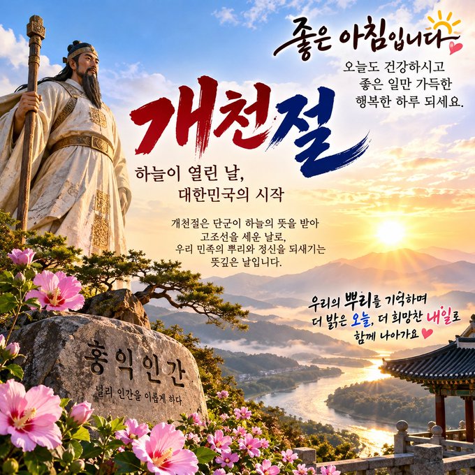 A digital artwork featuring a statue of a traditional Korean figure overlooking a landscape with Korean text, including '개천절' (Gaecheonjeol, National Foundation Day), pink flowers, and a sunrise.