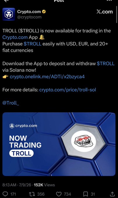 A screenshot of a Crypto.com announcement on X (formerly Twitter) stating that $TROLL is now available for trading on their app with USD, EUR, and 20+ fiat currencies, accompanied by a promotional graphic reading "NOW TRADING TROLL" with the iconic troll face meme—a fitting announcement given that $TROLL is itself a meme coin, as the accompanying post playfully hints.