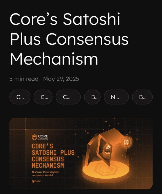 The image shows a post explaining Core's Satoshis Plus mechanism in detail. The text says "Core's Satoshis Plus Consensus Mechanism", which seems to be a description of some unique method used by Core for its network security. It also mentions that this mechanism is not well understood by most people, indicating that the core is aiming to educate others about it. The image includes an animated illustration of a house with three doors and two windows, symbolizing the three layers of security described in the post: the "CoreDAO" layer represented by one door; the "Satoshis Plus" layer represented by another door; and the "Bitcoin" layer represented by the third window. The post also includes a link to a GForge course that provides more information about Core's Satoshis Plus mechanism.