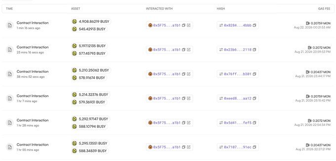 A transaction history shows "Contract Interaction" entries with "BUY" amounts, an interacted wallet "0x5F75...a1b1", and gas fees in "MON".