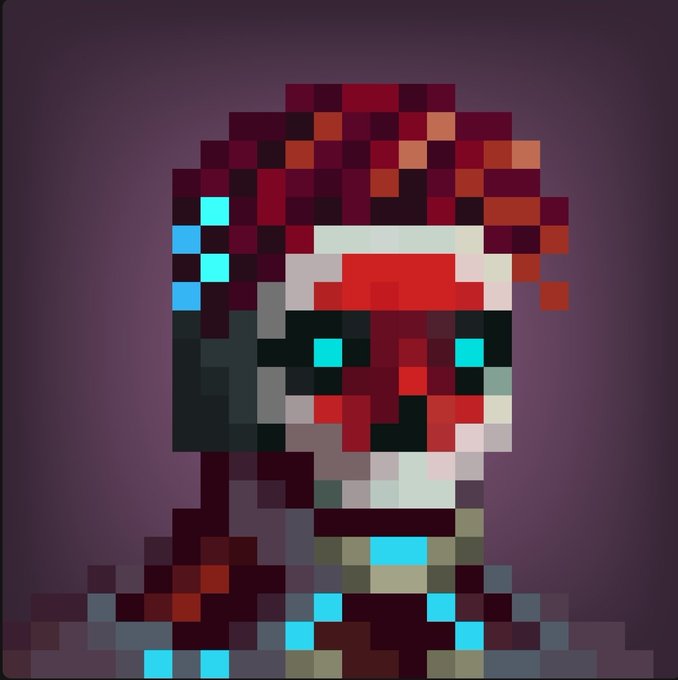 This pixel art image features a stylized character from the "Genuine Undead" NFT collection, consisting of red and black tones with glowing cyan accents. The visual directly illustrates the "less than $1 per pixel" concept mentioned in the accompanying text.