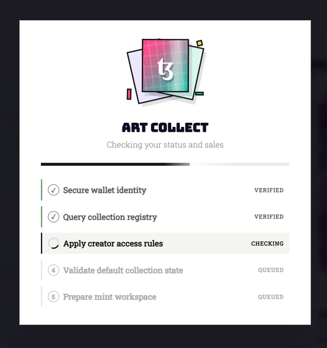 An interface screen titled 'ART COLLECT' shows a progress bar for 'Checking your status and sales,' with 'Secure wallet identity' and 'Query collection registry' verified, 'Apply creator access rules' checking, and two queued steps.