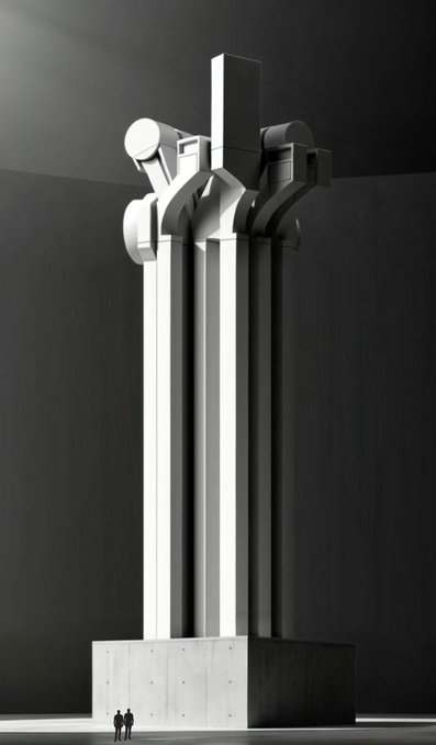 A massive monolithic concrete sculpture with vertical pillars and rounded sculptural elements at the top, photographed indoors with two small human silhouettes at its base for scale.