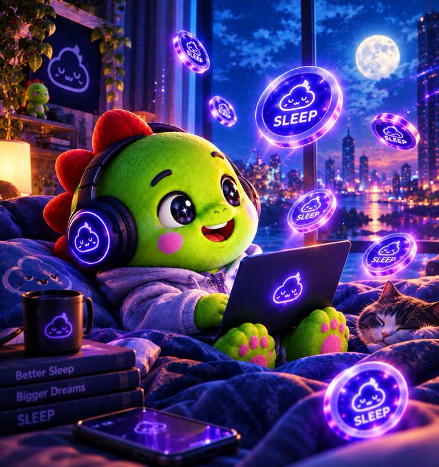 Whimsical 3D illustration of a cute green dinosaur wearing headphones, using a laptop on a bed while surrounded by floating purple 'SLEEP' tokens, with books titled 'Better Sleep' and 'Bigger Dreams' nearby.