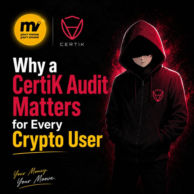 A promotional graphic with the Movemoney (mv) and CertiK logos, featuring a hooded figure in red and black, with text reading 'Why a CertiK Audit Matters for Every Crypto User'.