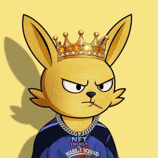 A cartoon illustration of an angry fox wearing a gold crown, silver chain, and a blue shirt reading 'NFT ENERGY' and 'WABBIT SQUAD'.