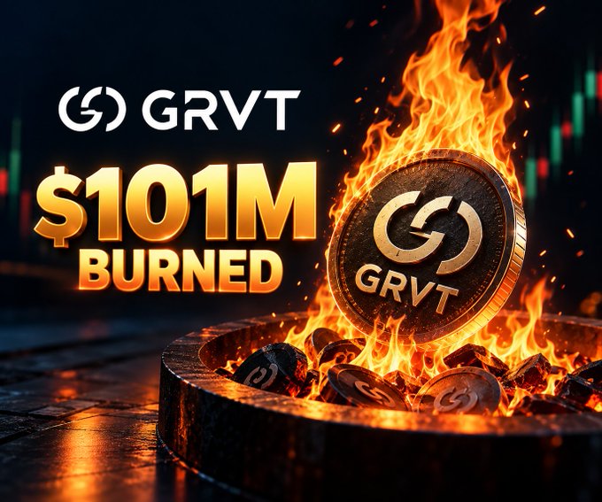 A promotional GRVT graphic shows flames, a coin, and the text “GRVT” and “$101M BURNED.”