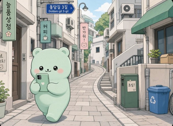 An adorable, mint-green cartoon bear holds a smartphone while walking down a charming, illustrated Korean alleyway featuring signs with Korean text such as "돌담길 3길" (Doldam-gil 3-gil) and pastel-colored storefronts.