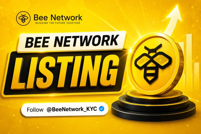 A promotional graphic announces "BEE NETWORK LISTING" alongside the project's tagline "BUILDING THE FUTURE TOGETHER," featuring a large golden coin with a bee logo and an upward arrow on a yellow background, visually reinforcing the post's message of upcoming listing developments and ecosystem growth for the $BEE Web3 project. The image directs viewers to follow @BeeNetwork_KYC.
