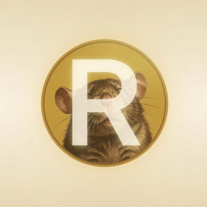 A stylized coin features a rat's face with a large white "R" superimposed over it. This image relates to the accompanying post by visually representing the concept of "Ratecoin" with the rat, a common rival to cats.