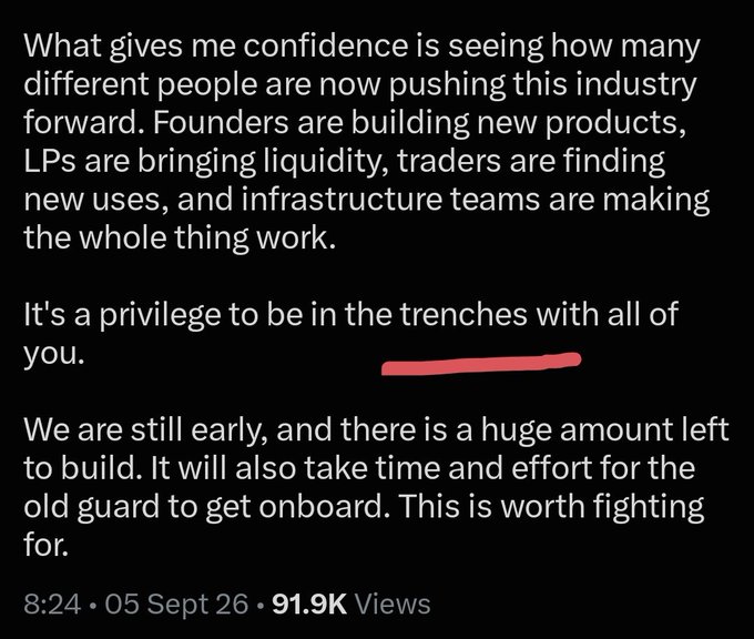 A screenshot of a social media post discussing industry growth and confidence, with text mentioning 'Founders', 'LPs', and 'traders', showing '8:24 • 05 Sept 26 • 91.9K Views'.