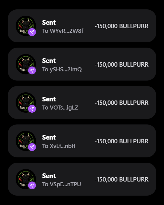 The image shows five consecutive cryptocurrency transactions, each sending 150,000 BULLPURR to different Solana wallet addresses (WYvR...2W8f, ySHS...2ImQ, VOTs...igLZ, XvLf...nBfI, VSpE...nTPU), illustrating the distribution of the 150k BULLPURR airdrop to early participants.
