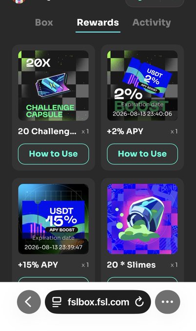 A mobile web view of fslbox.fsl.com showing a 'Rewards' tab with four items: a 20X Challenge Capsule, USDT 2% APY Boost expiring 2026-08-13, USDT 15% APY Boost expiring 2026-08-13, and 20 * Slimes.