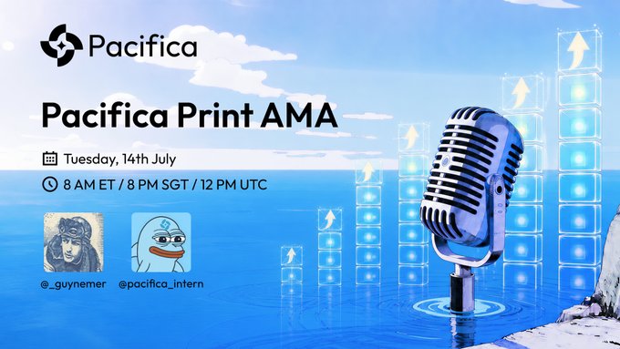 This promotional graphic for a Pacifica Print AMA scheduled for Tuesday, 14th July at 8 AM ET / 8 PM SGT / 12 PM UTC features a vintage microphone over an ocean backdrop, with handles @guynemer and @pacifica_intern—though the AMA itself has been relocated from X Spaces to Discord (discord.gg/pacifica) due to technical trouble.