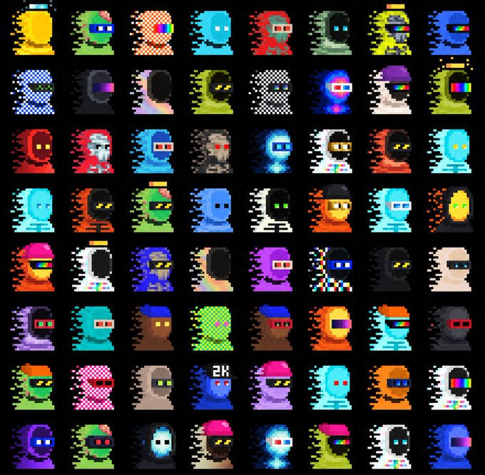 A grid display of dozens of colorful pixel art characters or avatars, mostly hooded figures with glowing or solid-colored eyes, set against a black background.