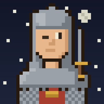 Pixel art of a knight in gray armor holding a sword against a dark starry background.