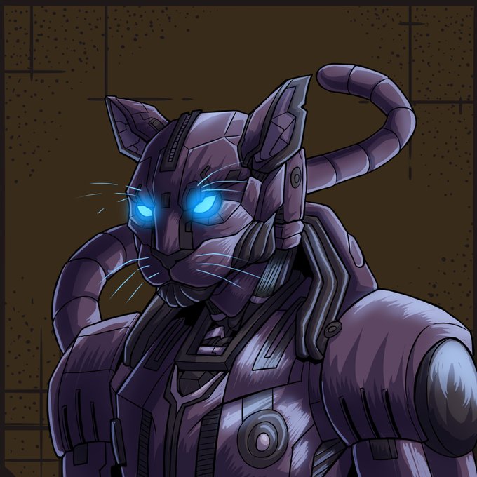 Digital illustration of a purple robotic feline character with glowing blue eyes and mechanical components.