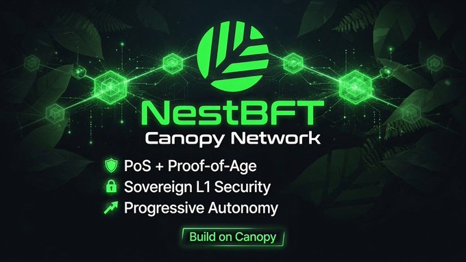 A promotional graphic for 'NestBFT Canopy Network' featuring a green leaf logo with the features 'PoS + Proof-of-Age', 'Sovereign L1 Security', and 'Progressive Autonomy', and a 'Build on Canopy' button.