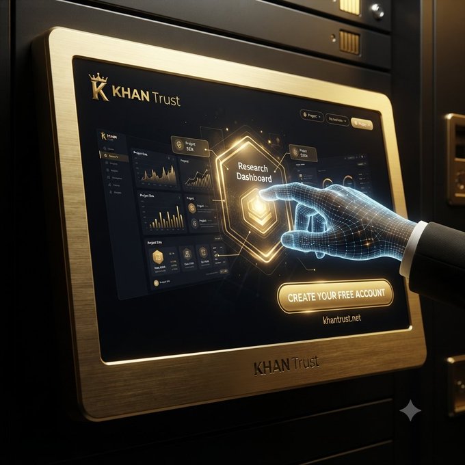 A futuristic digital kiosk displays the 'Khan Trust' platform with a holographic hand reaching toward a 'Research Dashboard' interface, promoting khantrust.net.