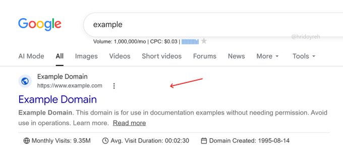 A Google search for "example" shows Example Domain (https://www.example.com) as the top result, with an arrow pointing to the URL—highlighting that this reserved domain used for documentation cannot be purchased, even for $1 billion.
