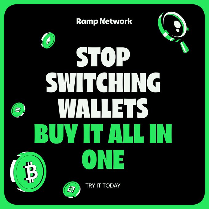 A promotional graphic for Ramp Network reads 'STOP SWITCHING WALLETS BUY IT ALL IN ONE' and 'TRY IT TODAY' with green cryptocurrency icons.