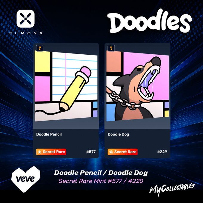 The image features a poster for a marketplace where people can buy digital collectible items, such as 3D doodles or other digital art pieces. The poster showcases two different doodles - one of which is a cartoon dog with its mouth open wide, and another that depicts a pencil on a piece of paper. The post also includes the text "Went to the VeVe marketplace to add these two @doodles @elmonx official historic #VeVe #Doodles #ElmonX" and "mycollectedibles". This suggests that someone has collected these digital art pieces from the marketplace, possibly for their personal collection or as a gift.