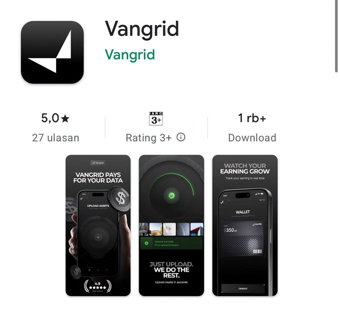 A Google Play Store listing for the Vangrid app, showing a 5.0-star rating, 1M+ downloads, and a '3+' age rating.