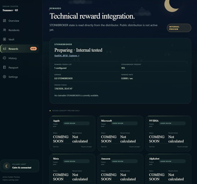 A dashboard titled 'Technical reward integration' showing STONKBROKER staking details with '1 configured' rewards and future pool cards for Apple, Microsoft, NVIDIA, Meta, Amazon, and Alphabet.