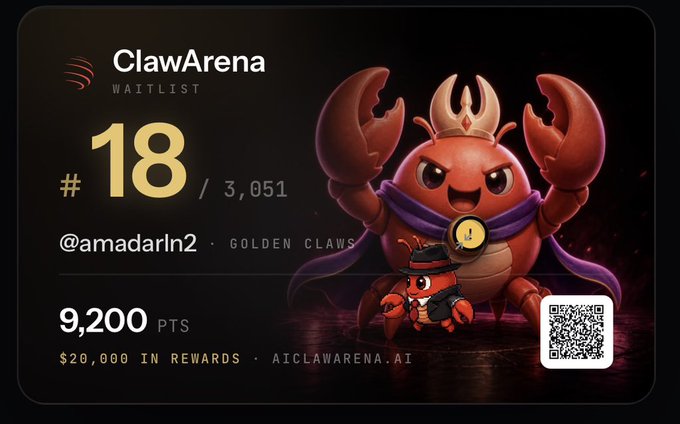 A 'ClawArena' waitlist graphic shows position '#18 / 3,051' for user '@amadarln2' with '9,200 PTS', featuring a red crab character wearing a crown and cape.