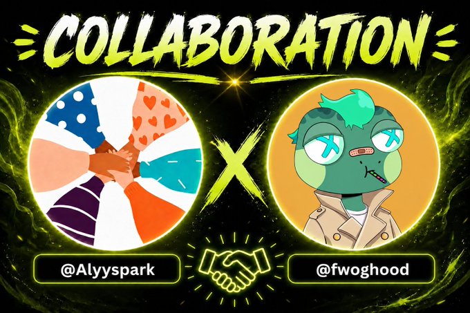 A collaboration graphic titled 'COLLABORATION' featuring two cartoon avatars with the usernames '@Alyyspark' and '@fwoghood' joined by an 'X' and a handshake icon on a dark, dramatic background.