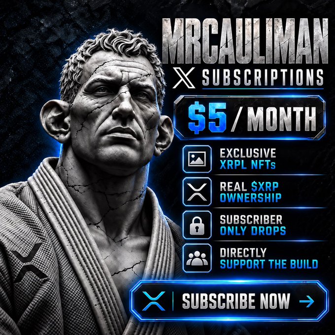 A promotional graphic for 'MRCAULIMAN X SUBSCRIPTIONS' priced at $5/month, advertising exclusive XRPL NFTs, real $XRP ownership, subscriber-only drops, and a 'Subscribe Now' button.