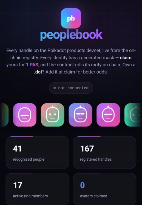 A screenshot of the 'peoplebook' interface on the Polkadot products devnet, showing 'not connected' status, 41 recognised people, 167 registered handles, 17 active ring members, and 0 avatars claimed.