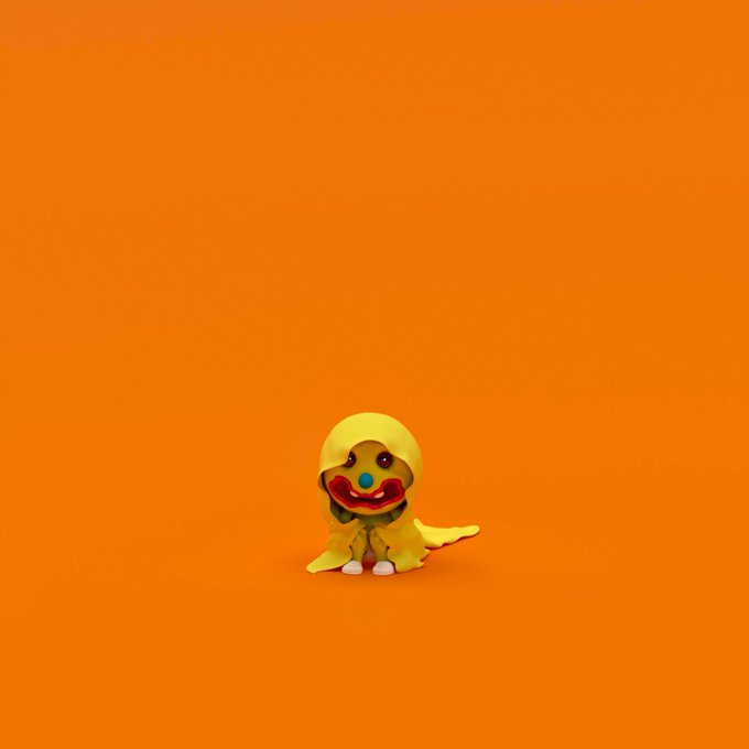 A small yellow duck-like figure in a hooded raincoat sits alone against a solid orange background.