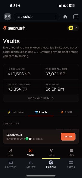 Screenshot of the Satrush.io app's "Vaults" tab showing the Epoch vault with $19,506.42 in the vaults, $3,854.77 biggest win, and a "Next Draw" countdown timer displaying "0d 0h 9m" — matching the caption noting 9 minutes until the next epoch.